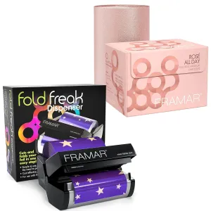 FRAMAR Rosé All Day Embossed Roll Aluminum Foil, Hair Foils For Highlighting - Medium 320 ft   FRAMAR Fold Freak Foil Dispenser for Aluminum Foil, Hair Foils (Cuts and Fold's Hair Foil)