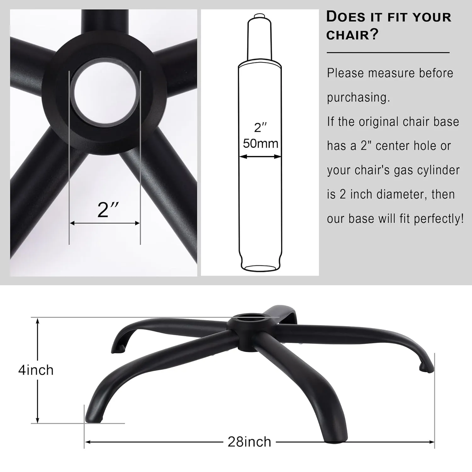 Frassie Office Chair Base Replacement with Wheels, Heavy Duty 2500LBS Metal Stool Chair Base, 28 inch Universal Desk Chair Base Replacement Part (Black)