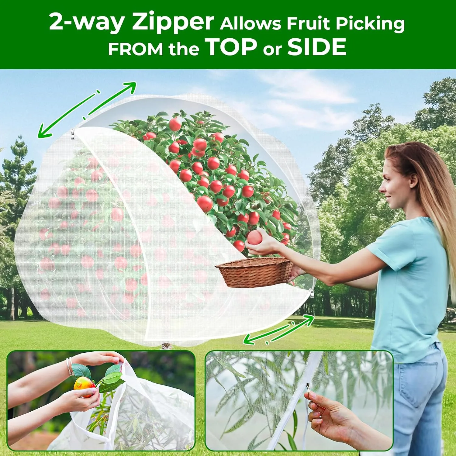 Fruit Tree Netting with 2-Way Zipper & Drawstring - 6.4'x6.4' Garden Plant Net Pest Barrier to Prevent Cicadas Bird Squirrel Deer - Protection for Blueberry Tomato with Fine Mesh Insect Cover (2 Pack)