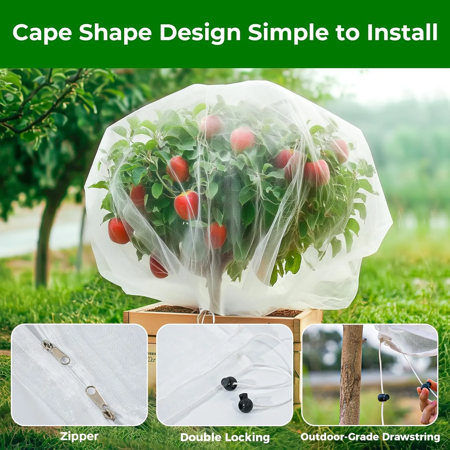 Fruit Tree Netting with 2-Way Zipper & Drawstring - 6.4'x6.4' Garden Plant Net Pest Barrier to Prevent Cicadas Bird Squirrel Deer - Protection for Blueberry Tomato with Fine Mesh Insect Cover (2 Pack)