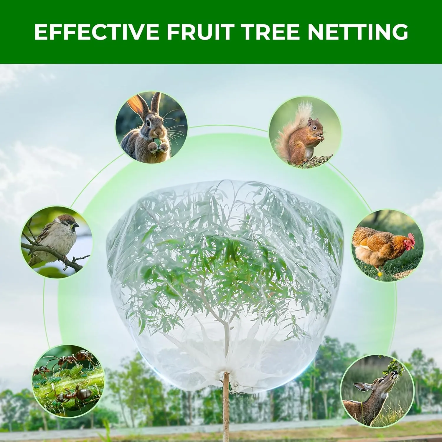 Fruit Tree Netting with 2-Way Zipper & Drawstring - 6.4'x6.4' Garden Plant Net Pest Barrier to Prevent Cicadas Bird Squirrel Deer - Protection for Blueberry Tomato with Fine Mesh Insect Cover (2 Pack)