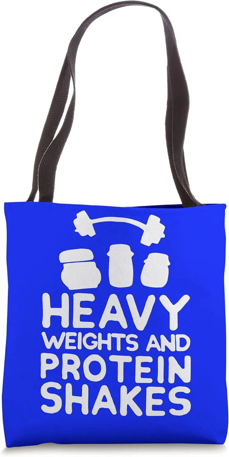 Funny Lifting Bodybuilding Heavy Weights and Protein Shakes Tote Bag