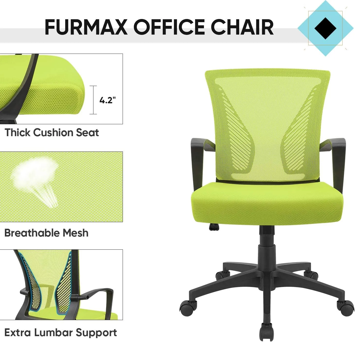 Furmax Office Chair Ergonomic Computer Desk Mesh Chair Mid Back Swivel Lumbar Support with Armrest (1, Cyan)