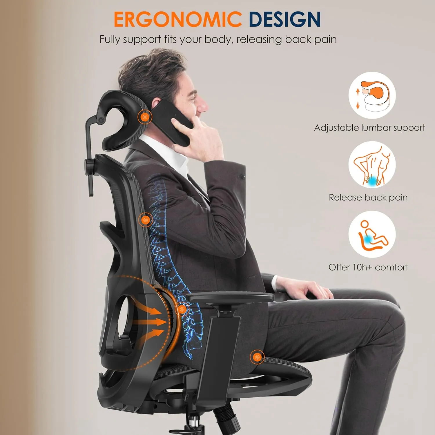 GABRYLLY Ergonomic Office Chair, High-Back Desk Chairs with Adjustable Lumbar Support, Headrest, Tilt Function, Soft Wide Seat and 3D Armrest, 300 LBS Sturdy Home Mesh Chair Task Chairs, GY1070
