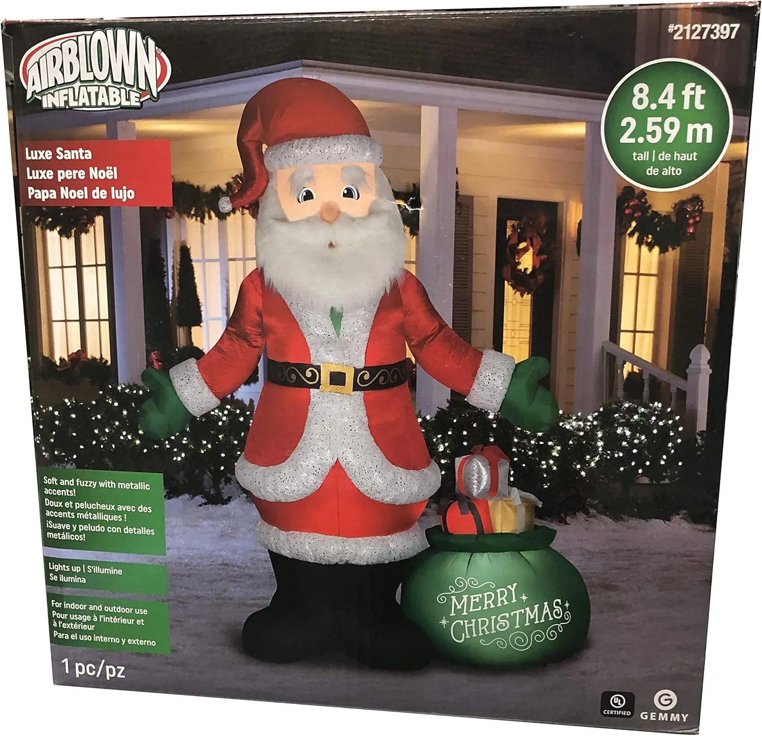 Gemmy 8.4Ft. Tall Christmas Inflatable Airblown Santa Claus in Soft and Fuzzy Suit with Bag Full of Presents Indoor/Outdoor Holiday Decoration