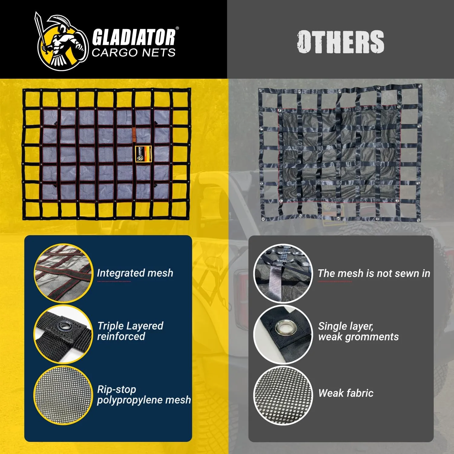GLADIATOR CARGO NETS - Heavy Duty Cargo Net-(WLL): 1,500 lbs - TruckAccessory - Cargo Carrier - Truck Organizer -Truck Bed Cover-Trailer-Pickup-Boat-Jeep-SUV-5ft Bed (SGN-100) 4.75' x 6' ft.