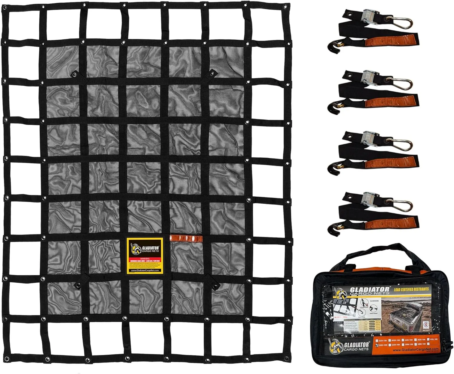 GLADIATOR CARGO NETS - Heavy Duty Cargo Net-(WLL): 1,500 lbs - TruckAccessory - Cargo Carrier - Truck Organizer -Truck Bed Cover-Trailer-Pickup-Boat-Jeep-SUV-5ft Bed (SGN-100) 4.75' x 6' ft.