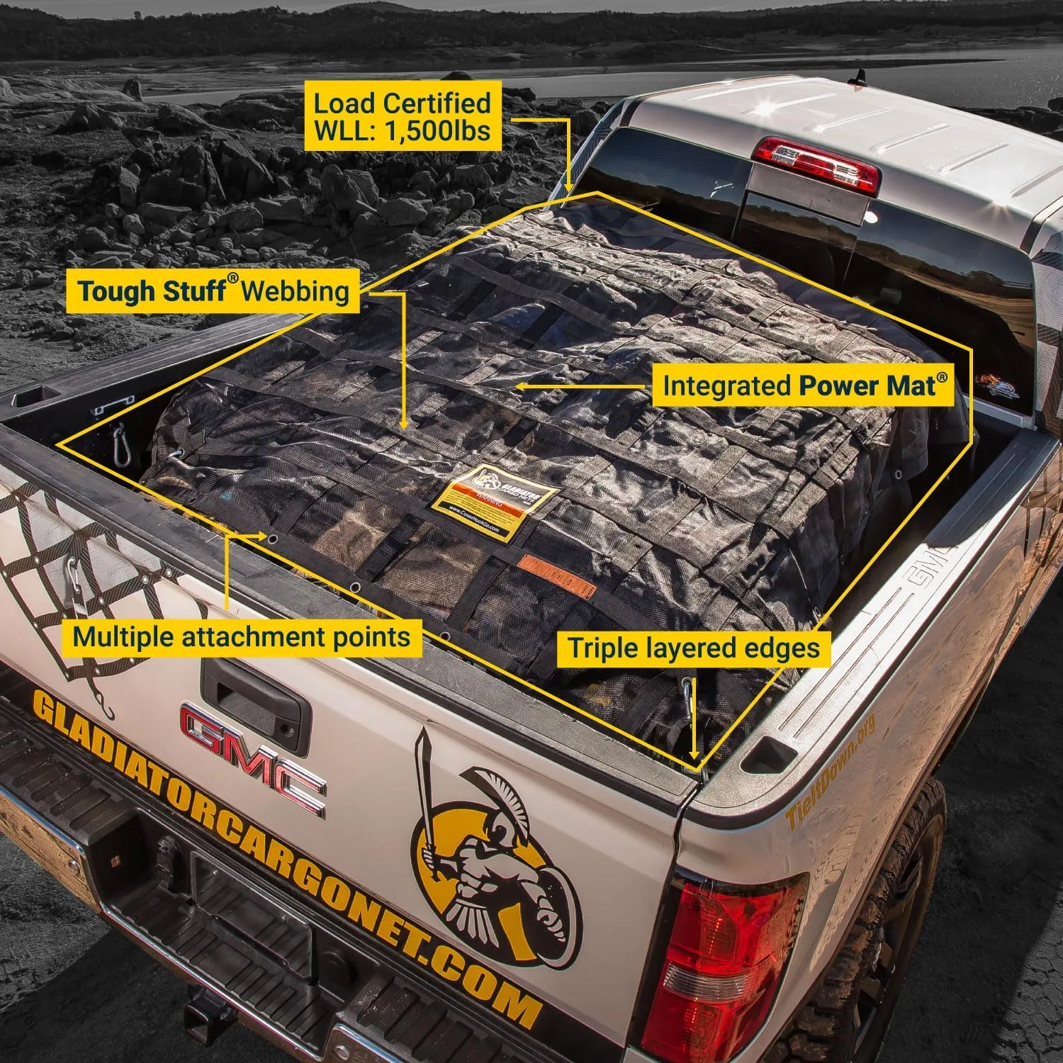 GLADIATOR CARGO NETS - Heavy Duty Cargo Net-(WLL): 1,500 lbs - TruckAccessory - Cargo Carrier - Truck Organizer -Truck Bed Cover-Trailer-Pickup-Boat-Jeep-SUV-5ft Bed (SGN-100) 4.75' x 6' ft.