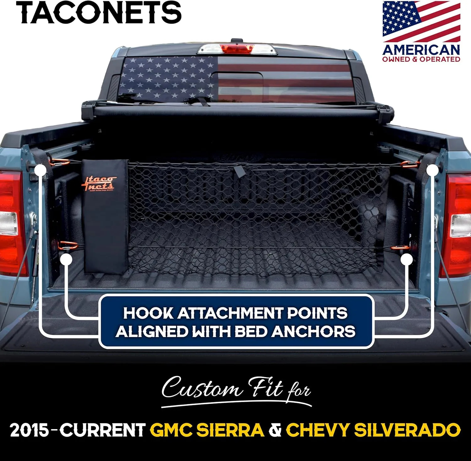 GMC Sierra & Chevy Silverado Envelope Style Truck Bed Cargo Net - Fits 2013-2025 - Upgraded 5mm Bungee - Free Storage Bag - Heavy Duty Carabiners - Designed in USA - 18" x 50"