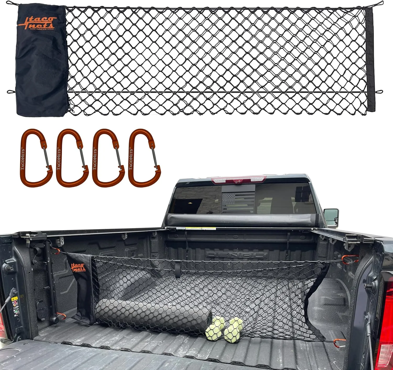 GMC Sierra & Chevy Silverado Envelope Style Truck Bed Cargo Net - Fits 2013-2025 - Upgraded 5mm Bungee - Free Storage Bag - Heavy Duty Carabiners - Designed in USA - 18" x 50"