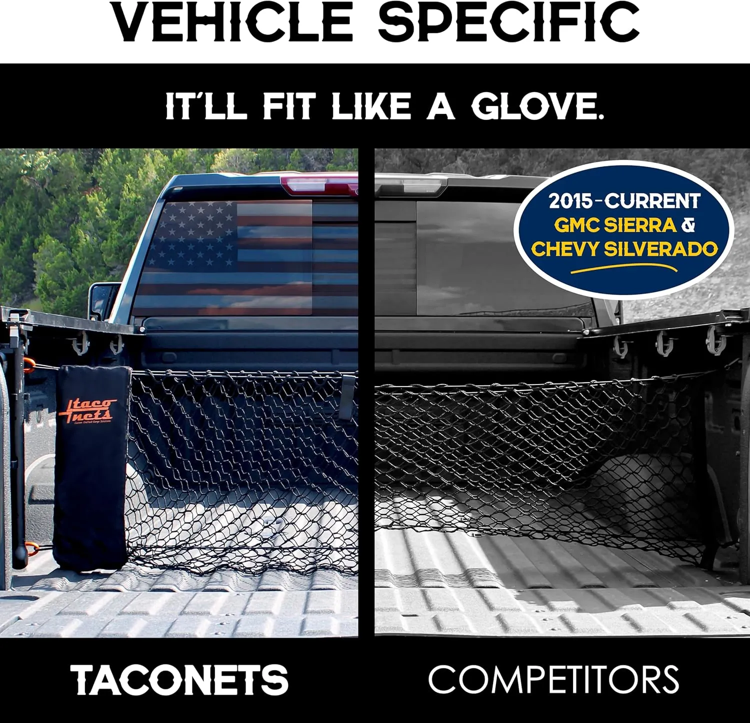 GMC Sierra & Chevy Silverado Envelope Style Truck Bed Cargo Net - Fits 2013-2025 - Upgraded 5mm Bungee - Free Storage Bag - Heavy Duty Carabiners - Designed in USA - 18" x 50"