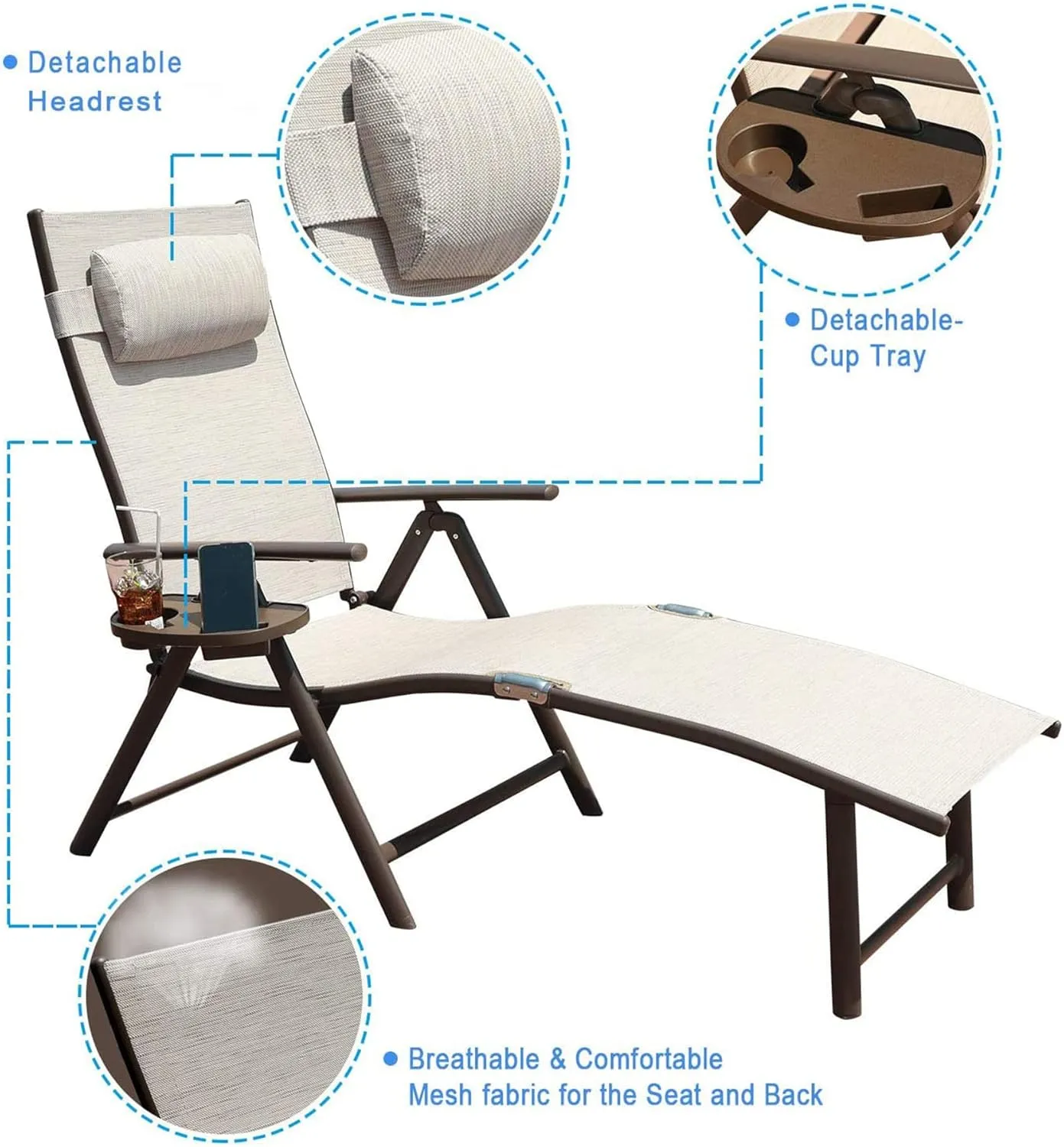 GOLDSUN Aluminum Outdoor Folding Reclining Adjustable Patio Chaise Lounge Chair with Pillow for Poolside Backyard and Beach Set of 2 (Set of Two,Beige)
