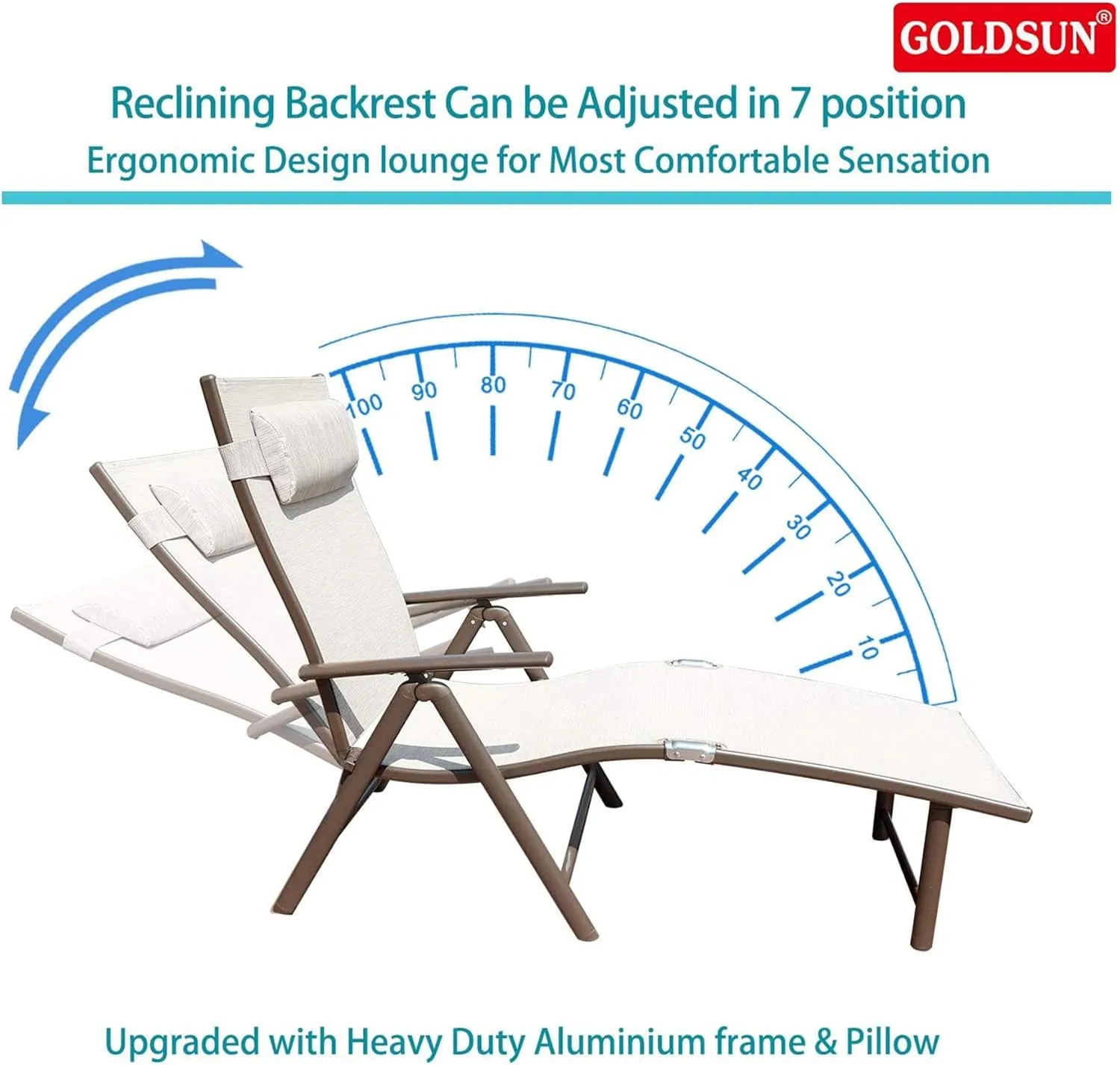 GOLDSUN Aluminum Outdoor Folding Reclining Adjustable Patio Chaise Lounge Chair with Pillow for Poolside Backyard and Beach Set of 2 (Set of Two,Beige)