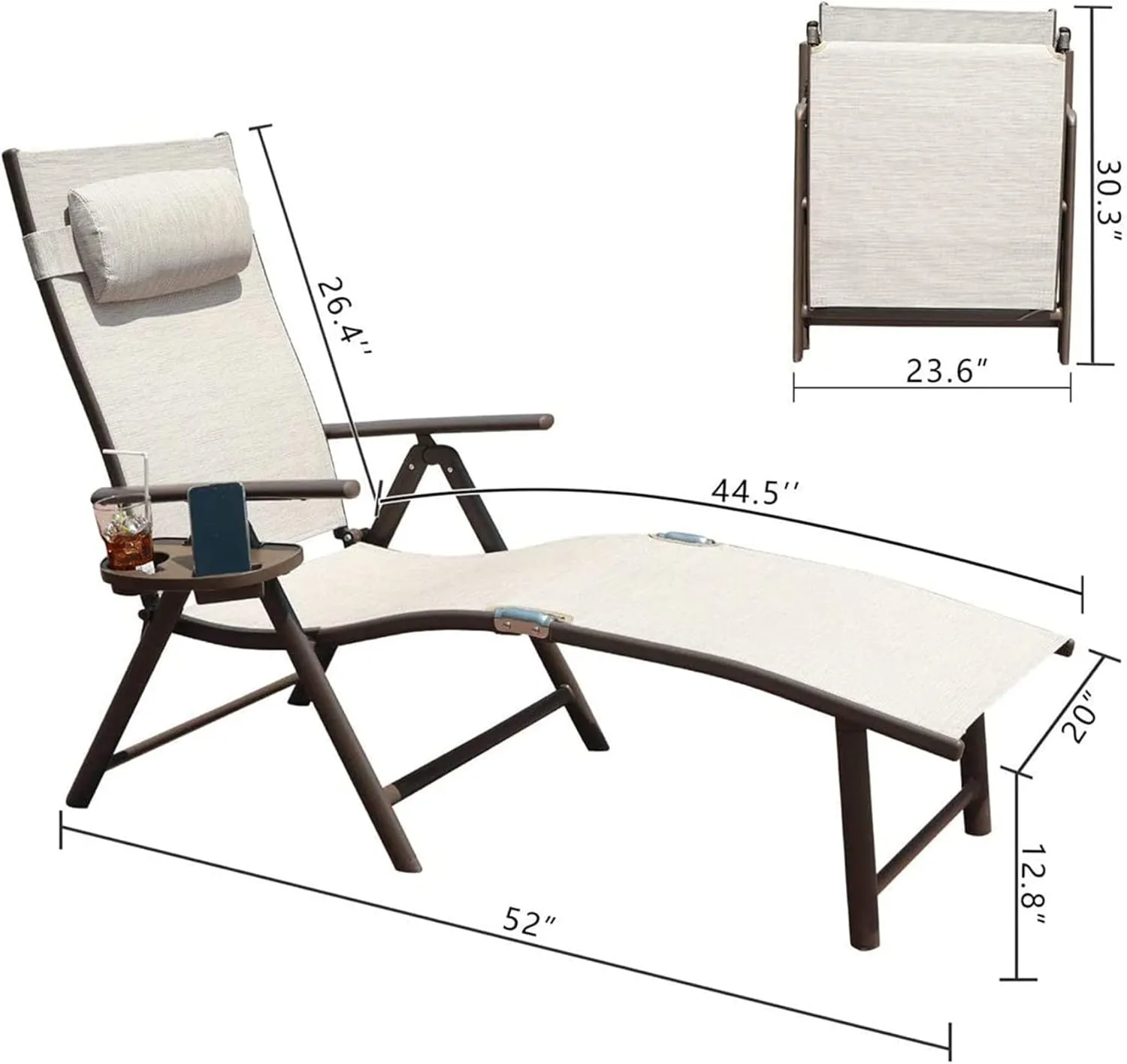 GOLDSUN Aluminum Outdoor Folding Reclining Adjustable Patio Chaise Lounge Chair with Pillow for Poolside Backyard and Beach Set of 2 (Set of Two,Beige)