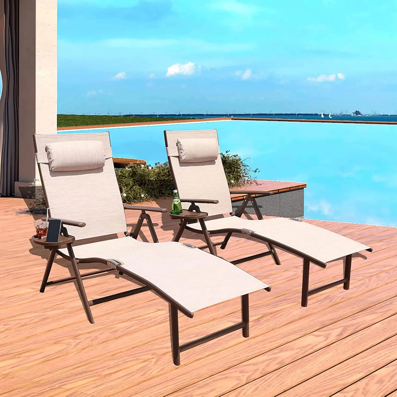 GOLDSUN Aluminum Outdoor Folding Reclining Adjustable Patio Chaise Lounge Chair with Pillow for Poolside Backyard and Beach Set of 2 (Set of Two,Beige)