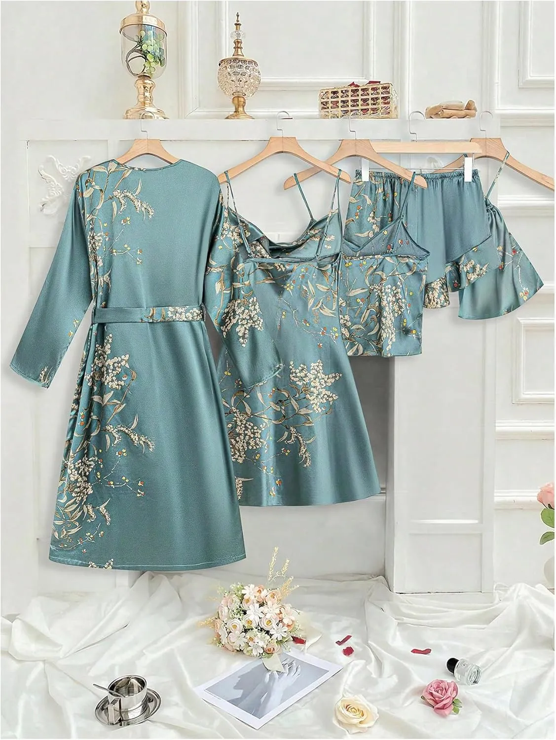 GORGLITTER Women's 5 Piece Floral Print Satin Pajama Set Nightgown Robe Cami Shorts Sleepwear with Storage Bag