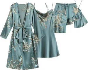 GORGLITTER Women's 5 Piece Floral Print Satin Pajama Set Nightgown Robe Cami Shorts Sleepwear with Storage Bag