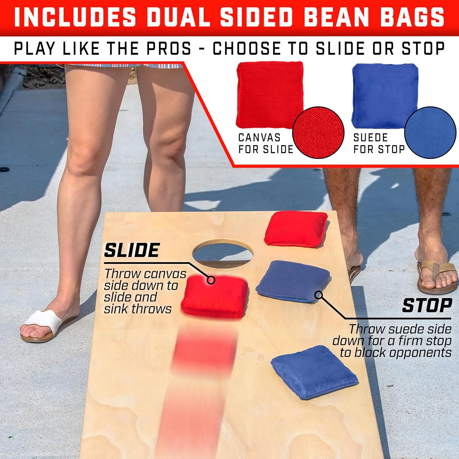 GoSports Dual Sided Cornhole Bean Bags - Slide and Stop Regulation Tournament Bean Bags, Set of 8