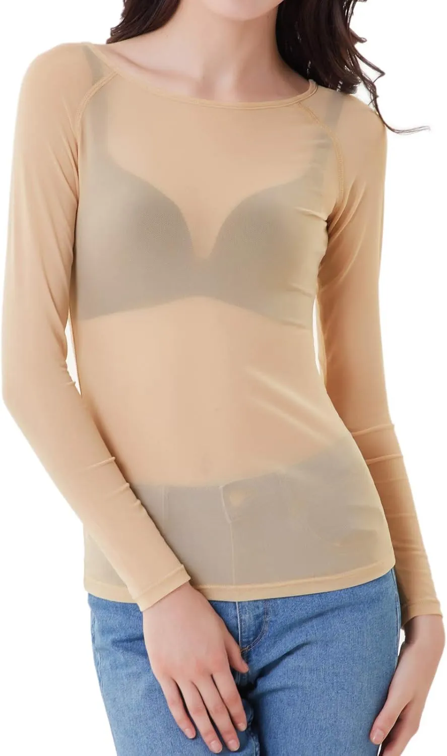 GRACE KARIN Women's Long Sleeve See Through Mesh Sheer Top Blouse Shirt