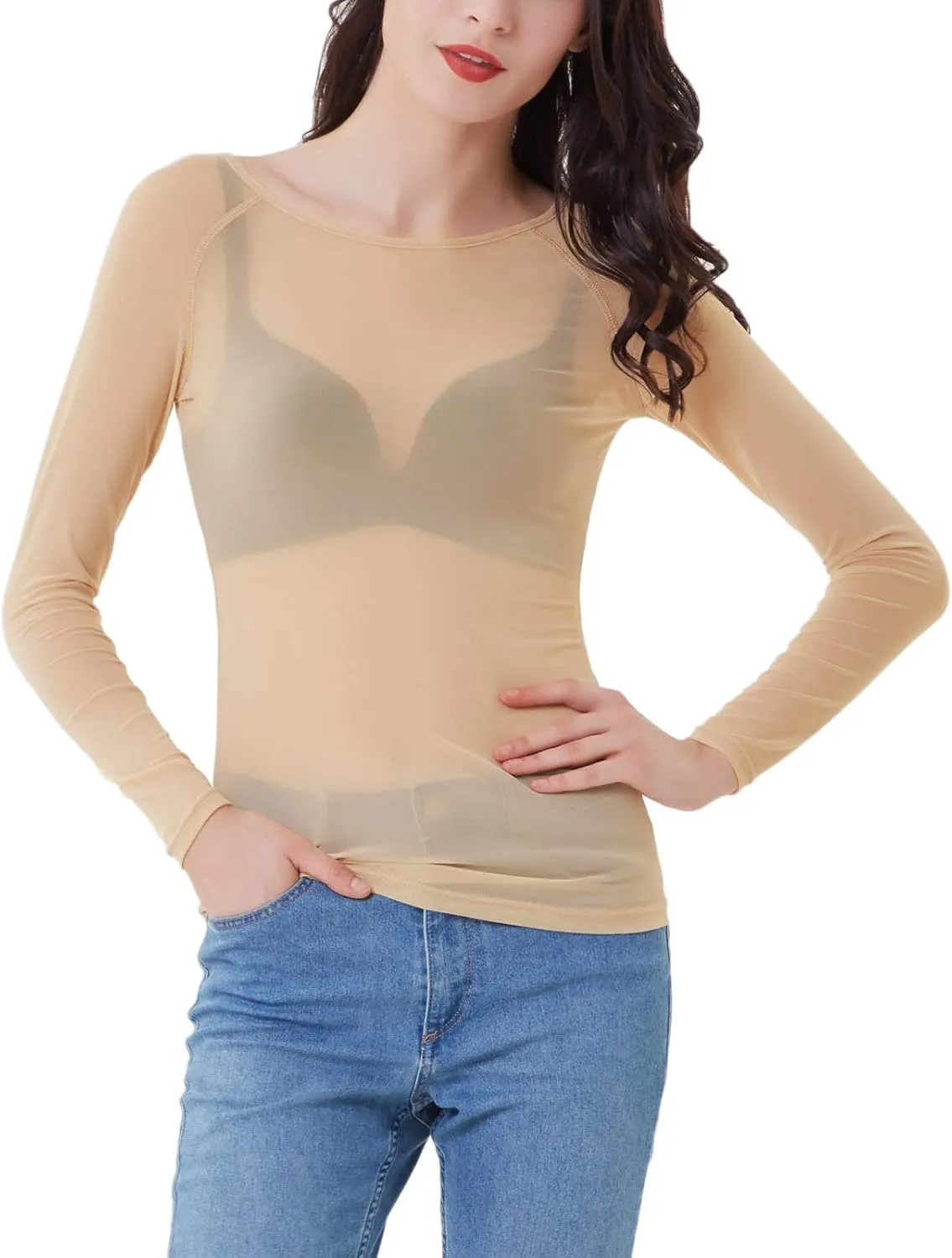 GRACE KARIN Women's Long Sleeve See Through Mesh Sheer Top Blouse Shirt