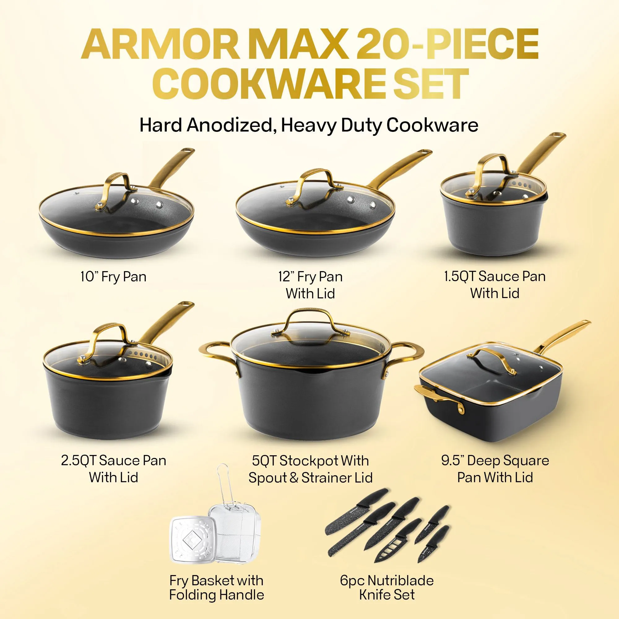 Granitestone Armor Max Pots and Pans 20 Pc Ultimate Durable Nonstick Cookware Set and Knives Set
