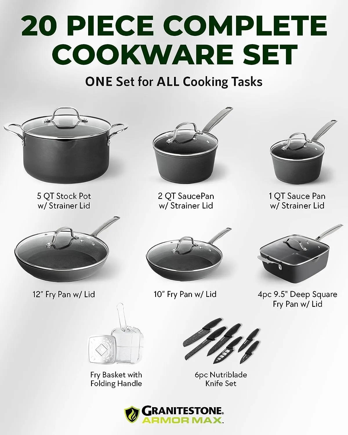 Granitestone Armor Max Pots and Pans 20 Pc Ultimate Durable Nonstick Cookware Set and Knives Set