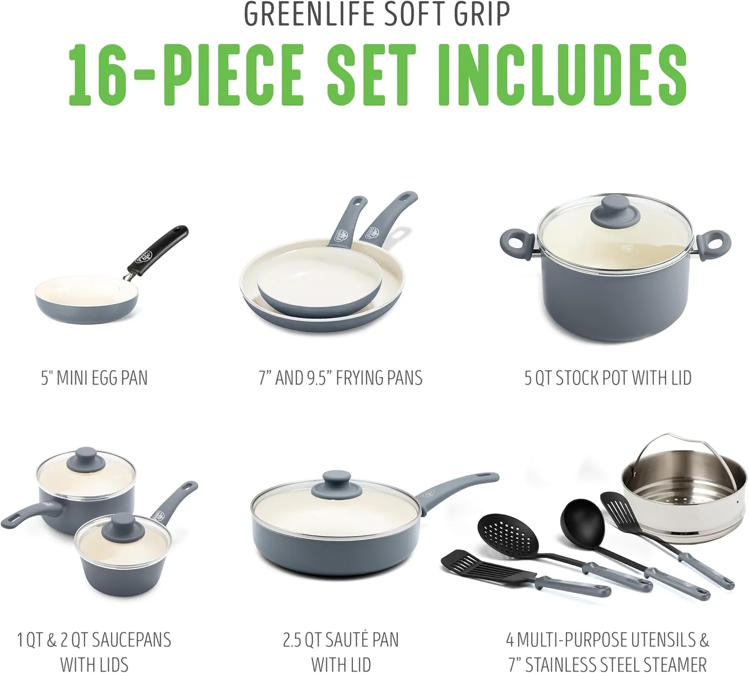 GreenLife Soft Grip 16 Piece Cookware Set, Non-Toxic PFAS-Free Ceramic Nonstick, Frying, Sauce, Saute, Utensils, Glass Lids, Stay-Cool Handles, Wobble Free, Dishwasher & Oven Safe, Quartz Grey