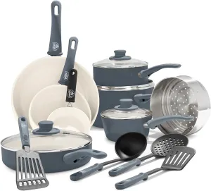 GreenLife Soft Grip 16 Piece Cookware Set, Non-Toxic PFAS-Free Ceramic Nonstick, Frying, Sauce, Saute, Utensils, Glass Lids, Stay-Cool Handles, Wobble Free, Dishwasher & Oven Safe, Quartz Grey