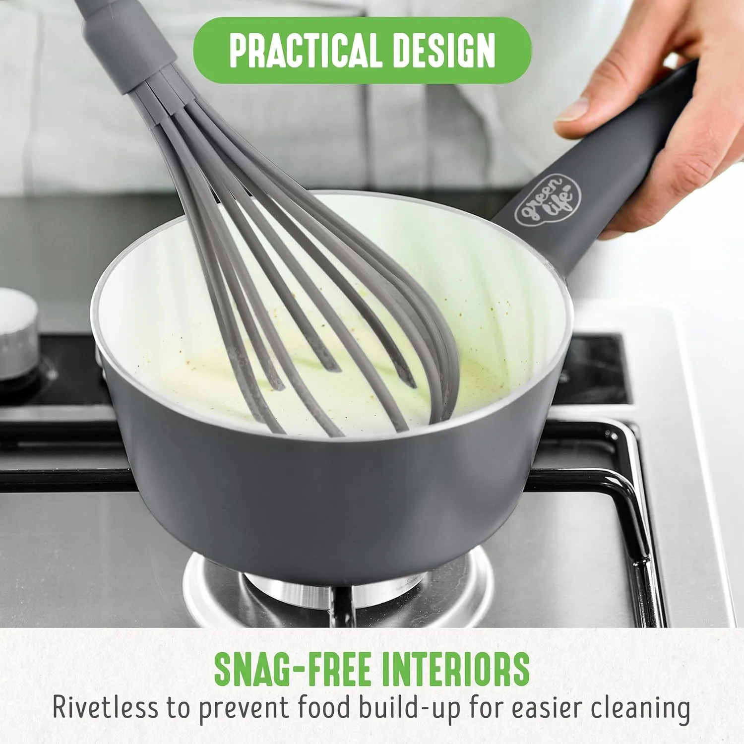 GreenLife Soft Grip 16 Piece Cookware Set, Non-Toxic PFAS-Free Ceramic Nonstick, Frying, Sauce, Saute, Utensils, Glass Lids, Stay-Cool Handles, Wobble Free, Dishwasher & Oven Safe, Quartz Grey