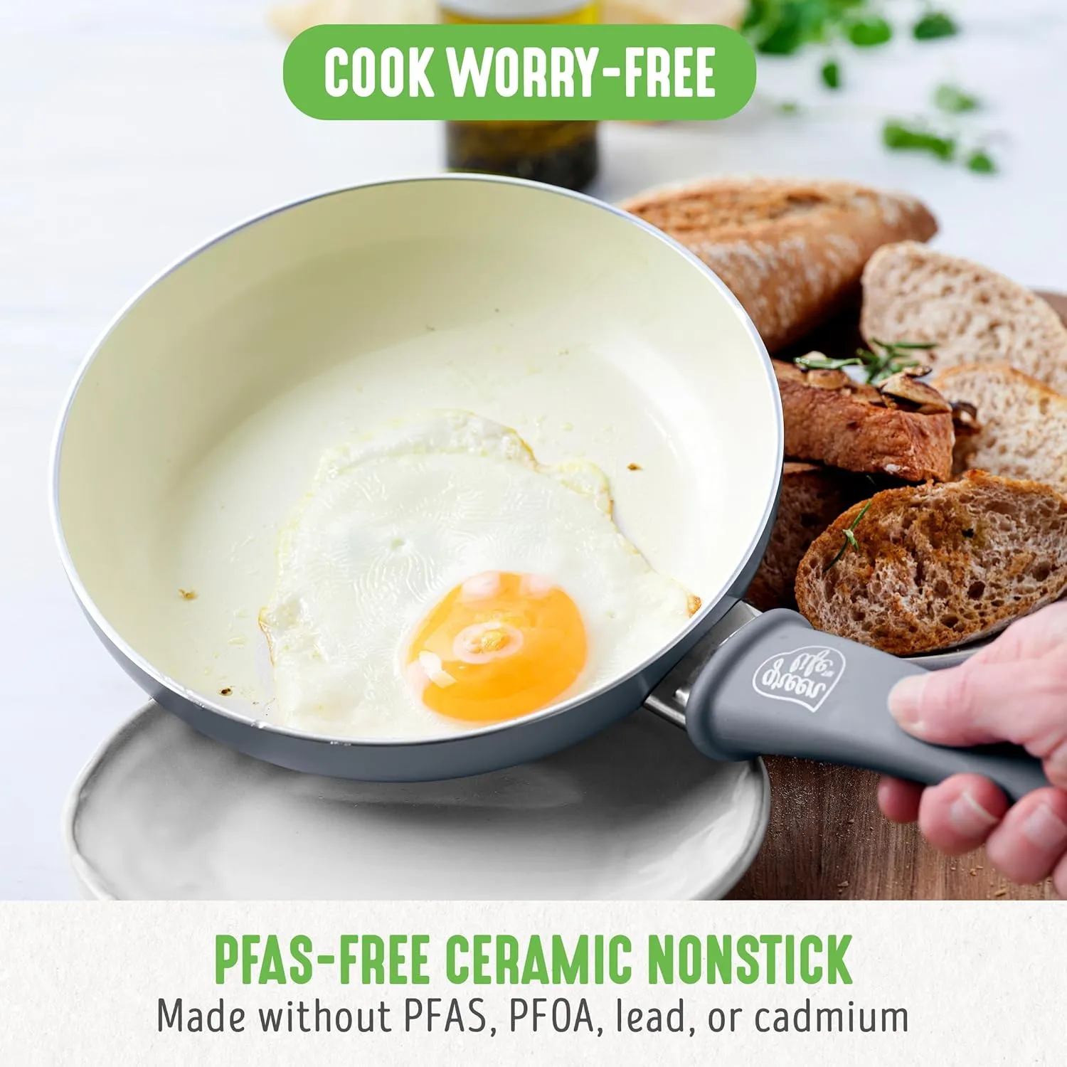 GreenLife Soft Grip 16 Piece Cookware Set, Non-Toxic PFAS-Free Ceramic Nonstick, Frying, Sauce, Saute, Utensils, Glass Lids, Stay-Cool Handles, Wobble Free, Dishwasher & Oven Safe, Quartz Grey
