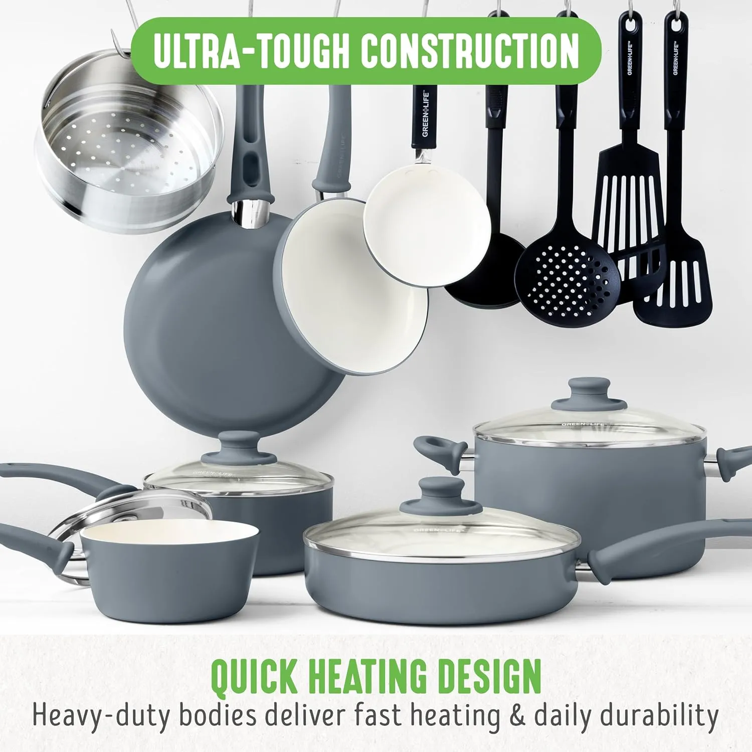 GreenLife Soft Grip 16 Piece Cookware Set, Non-Toxic PFAS-Free Ceramic Nonstick, Frying, Sauce, Saute, Utensils, Glass Lids, Stay-Cool Handles, Wobble Free, Dishwasher & Oven Safe, Quartz Grey