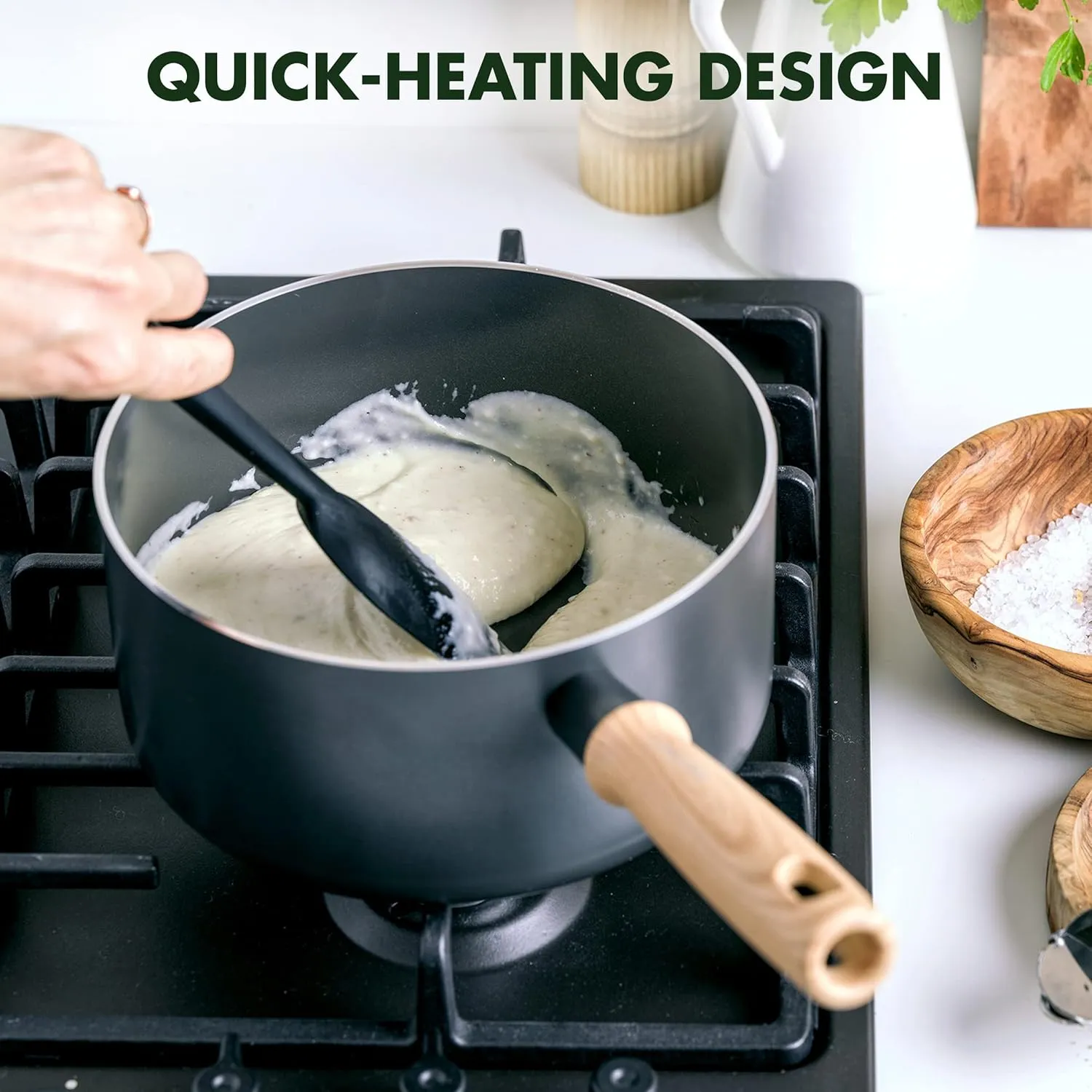 GreenPan Hudson Healthy Ceramic Nonstick 8 Piece Cookware Pots and Pans Set, Wood Inspired Handle, PFAS-Free, Dishwasher Safe, Black