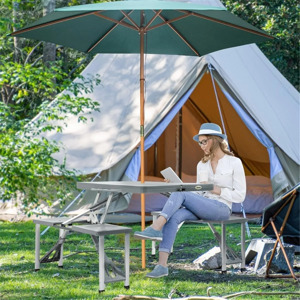 Grey Portable Folding Picnic Table Set with Chairs - Lightweight Aluminum Frame, ABS Plastic Top, Built-in Umbrella Hole, Quick Setup, Compact Fold for Outdoor Camping Beach Garden