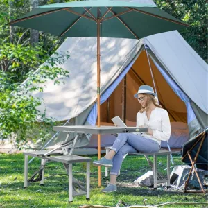 Grey Portable Folding Picnic Table Set with Chairs - Lightweight Aluminum Frame, ABS Plastic Top, Built-in Umbrella Hole, Quick Setup, Compact Fold for Outdoor Camping Beach Garden