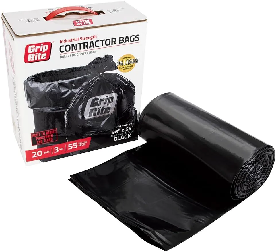 Grip-Rite GRHDC55BAG20 Heavy Duty Black Contractor Bag 55 Gallon 38" x 58", 20 Count