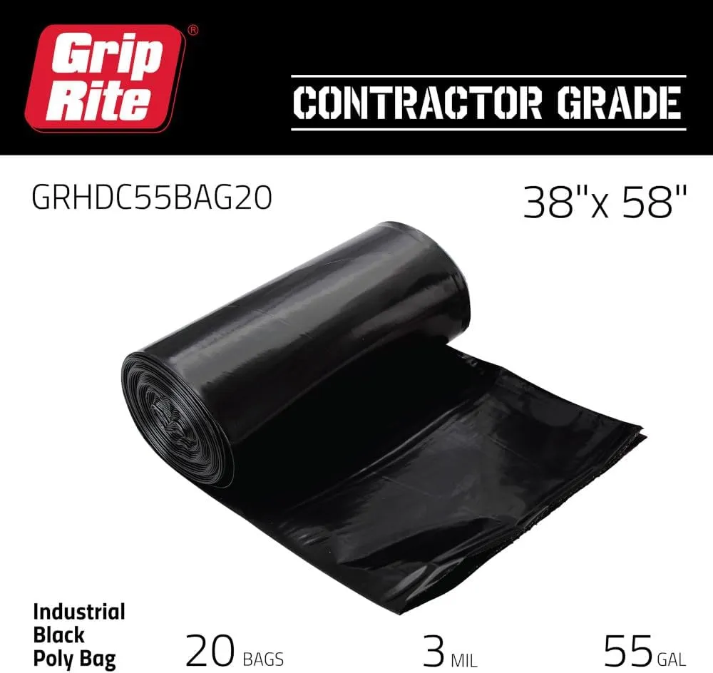 Grip-Rite GRHDC55BAG20 Heavy Duty Black Contractor Bag 55 Gallon 38" x 58", 20 Count