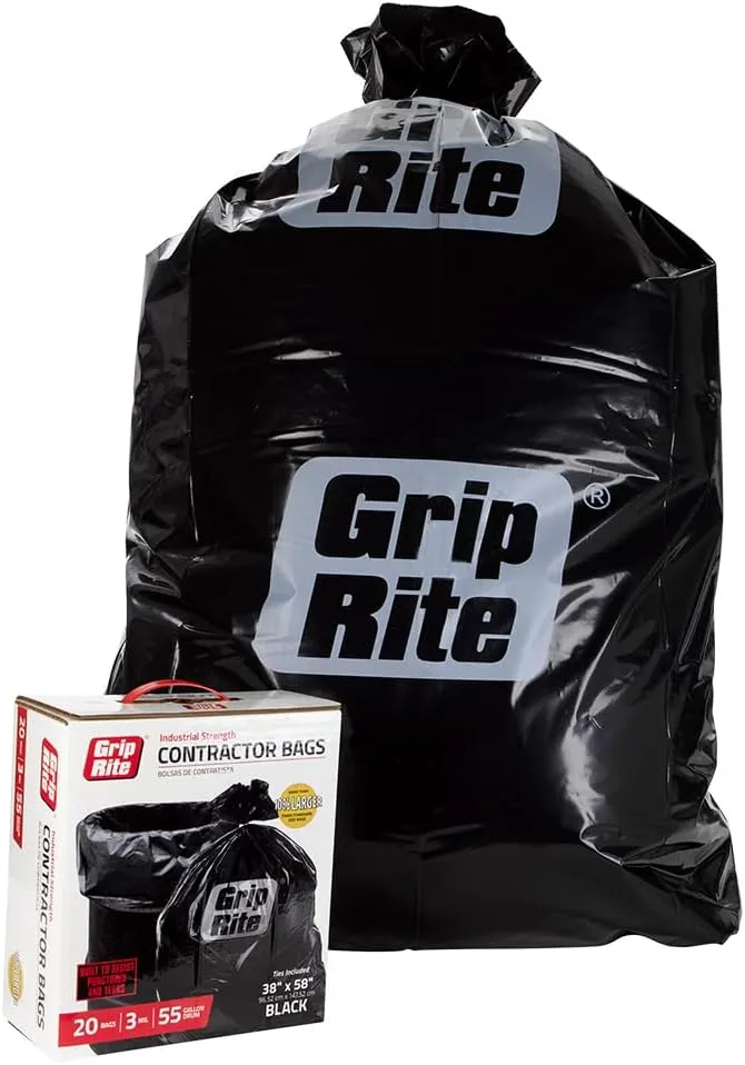 Grip-Rite GRHDC55BAG20 Heavy Duty Black Contractor Bag 55 Gallon 38" x 58", 20 Count