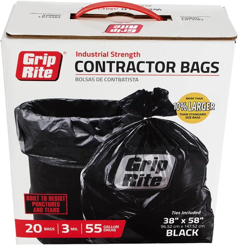 Grip-Rite GRHDC55BAG20 Heavy Duty Black Contractor Bag 55 Gallon 38" x 58", 20 Count
