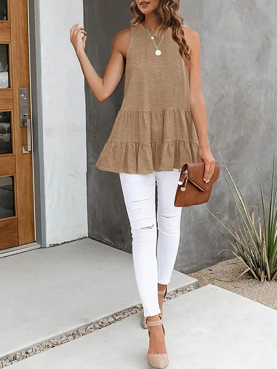 HAEOF Women's Summer Sleeveless Peplum Babydoll Tops Casual Crew Neck Flowy Loose Fit Tunic Tank Shirts
