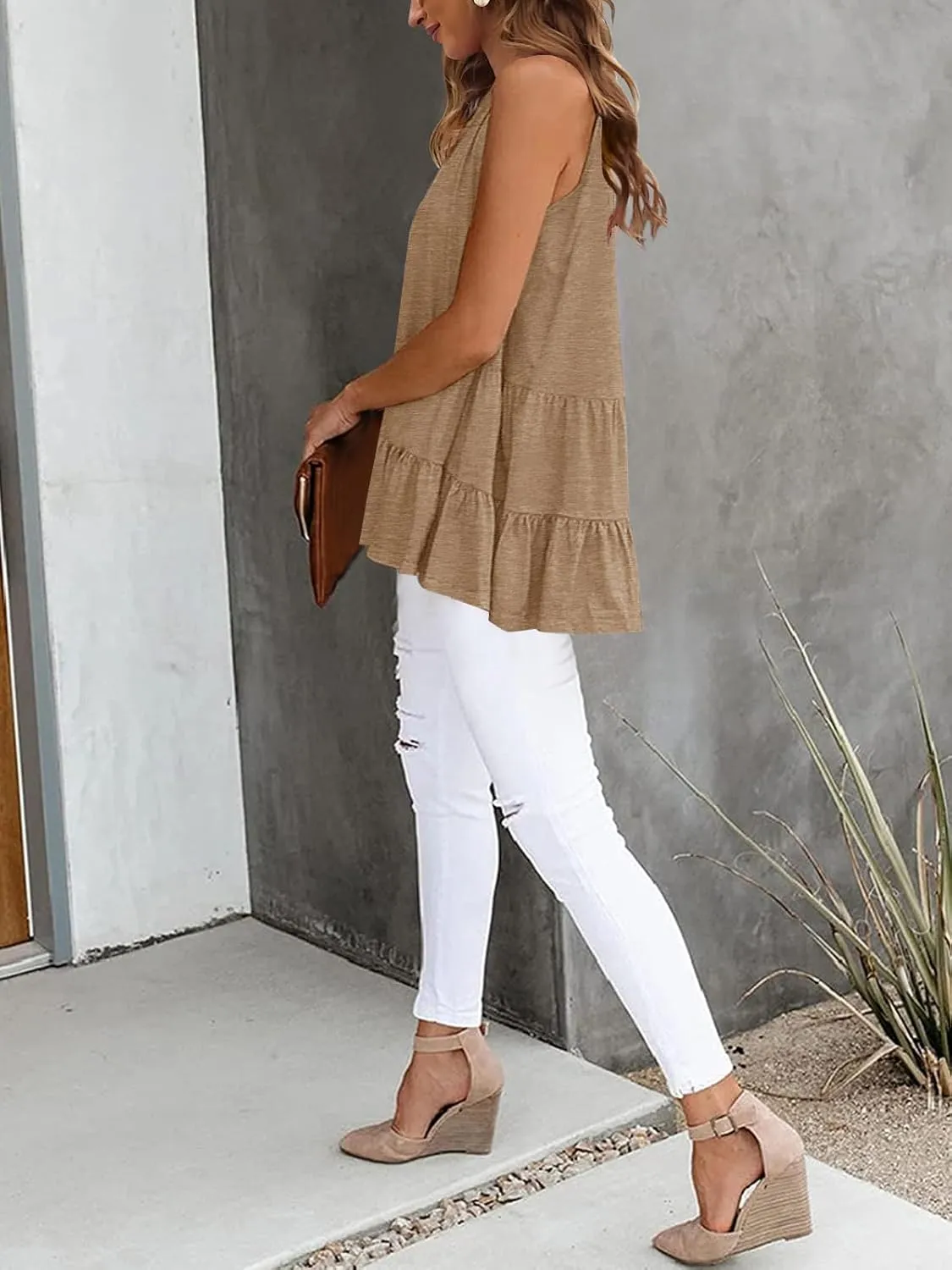 HAEOF Women's Summer Sleeveless Peplum Babydoll Tops Casual Crew Neck Flowy Loose Fit Tunic Tank Shirts