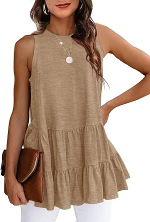 HAEOF Women's Summer Sleeveless Peplum Babydoll Tops Casual Crew Neck Flowy Loose Fit Tunic Tank Shirts