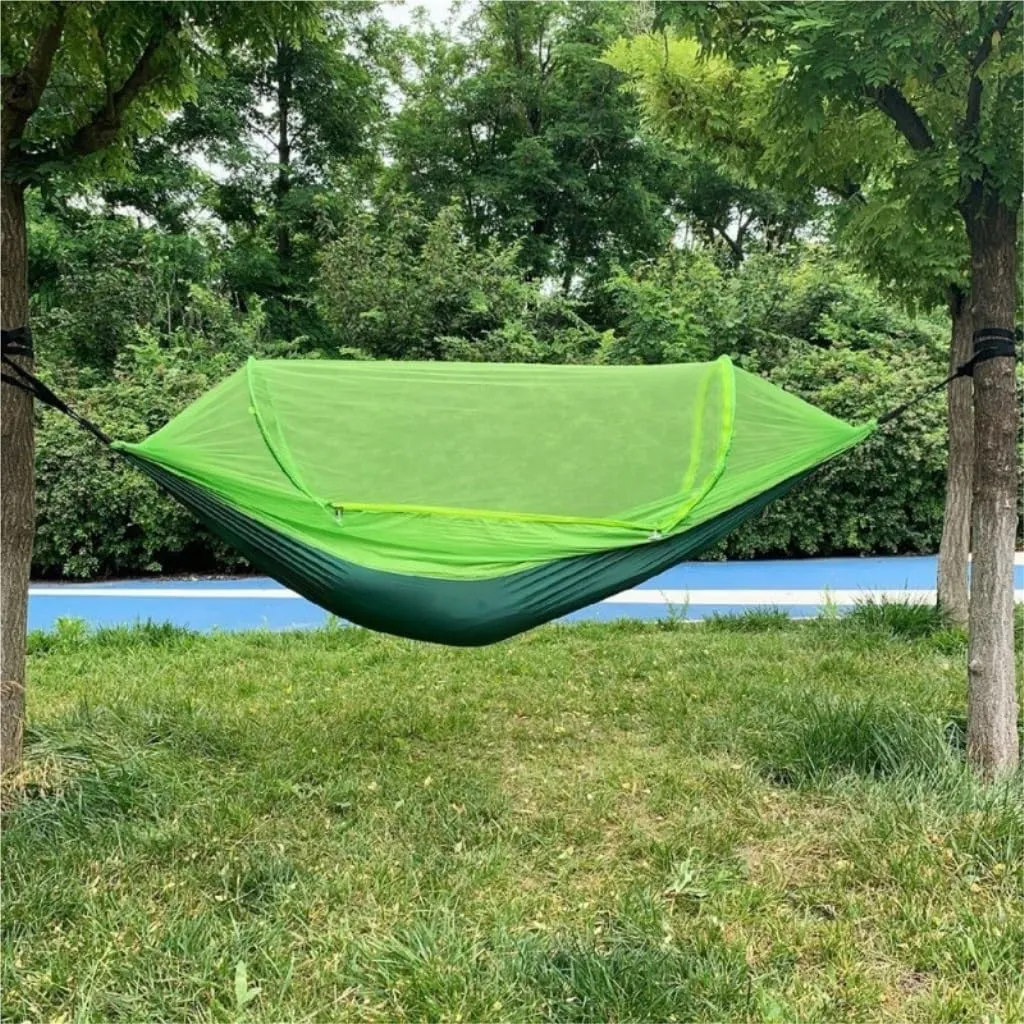 Hammocks Mosquito Net Hammock Automatic Anti-Rollover Parachute Boni Silk Spinning Outdoor Strap Swing Chair Summer Camping Hammocks(Green)