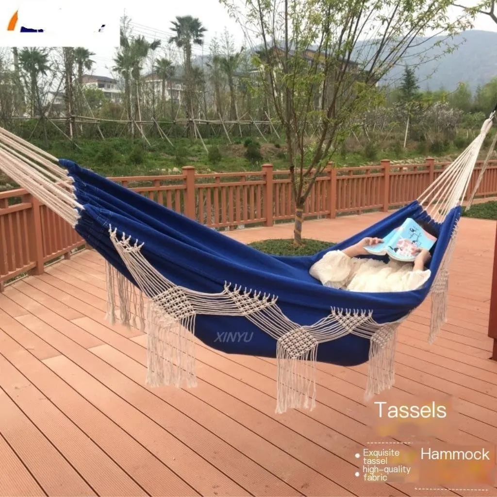 Hamock Outdoor Tassel Canvas Hammock Camping Beach Enlarged Double Swing Bohemian Outdoor Supplies Hanging Chair Hanmock(Green)