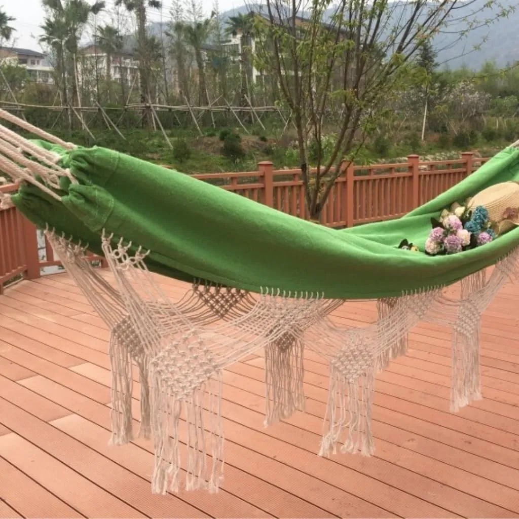 Hamock Outdoor Tassel Canvas Hammock Camping Beach Enlarged Double Swing Bohemian Outdoor Supplies Hanging Chair Hanmock(Green)