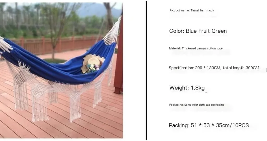 Hamock Outdoor Tassel Canvas Hammock Camping Beach Enlarged Double Swing Bohemian Outdoor Supplies Hanging Chair Hanmock(Green)