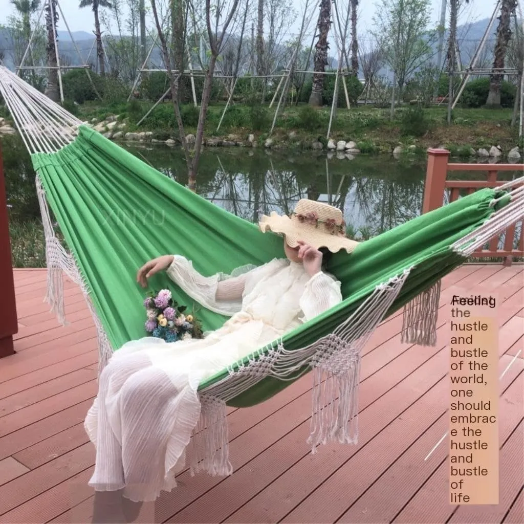 Hamock Outdoor Tassel Canvas Hammock Camping Beach Enlarged Double Swing Bohemian Outdoor Supplies Hanging Chair Hanmock(Green)