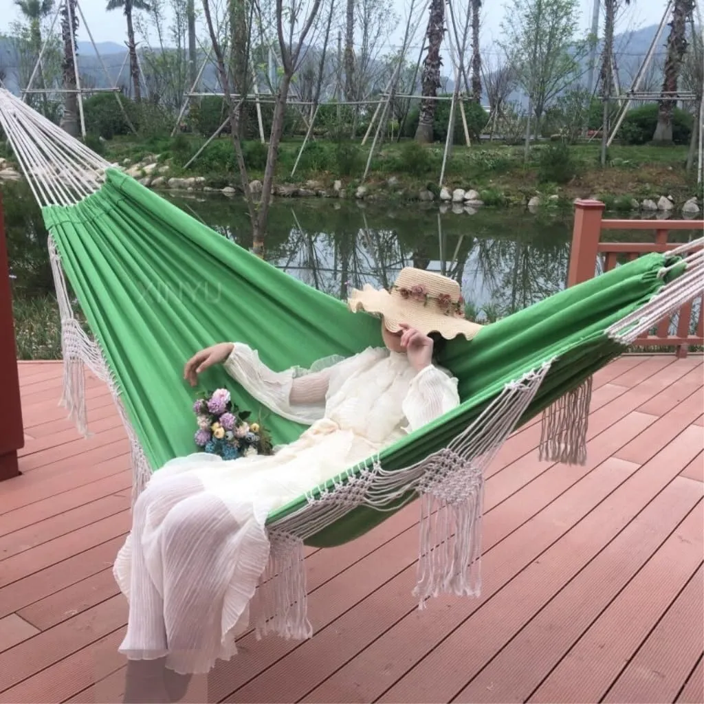 Hamock Outdoor Tassel Canvas Hammock Camping Beach Enlarged Double Swing Bohemian Outdoor Supplies Hanging Chair Hanmock(Green)