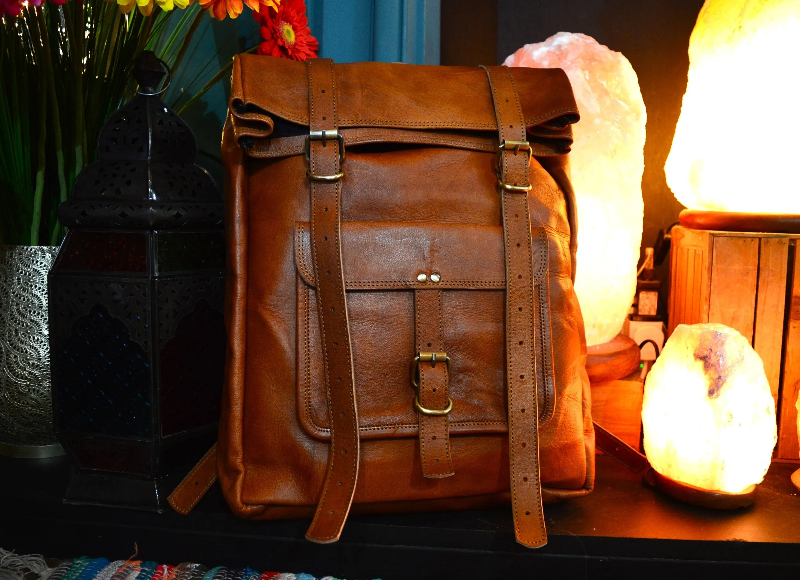 Handmade Leather Roll Top Backpack