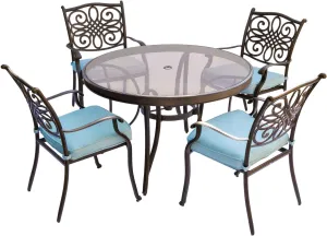Hanover Traditions 5-Piece Outdoor Dining Set with Blue Cushions, 4 Dining Chairs and Tempered Glass Round Dining Table, Rust-Resistant Aluminum, All-Weather Patio Dining Set for 4