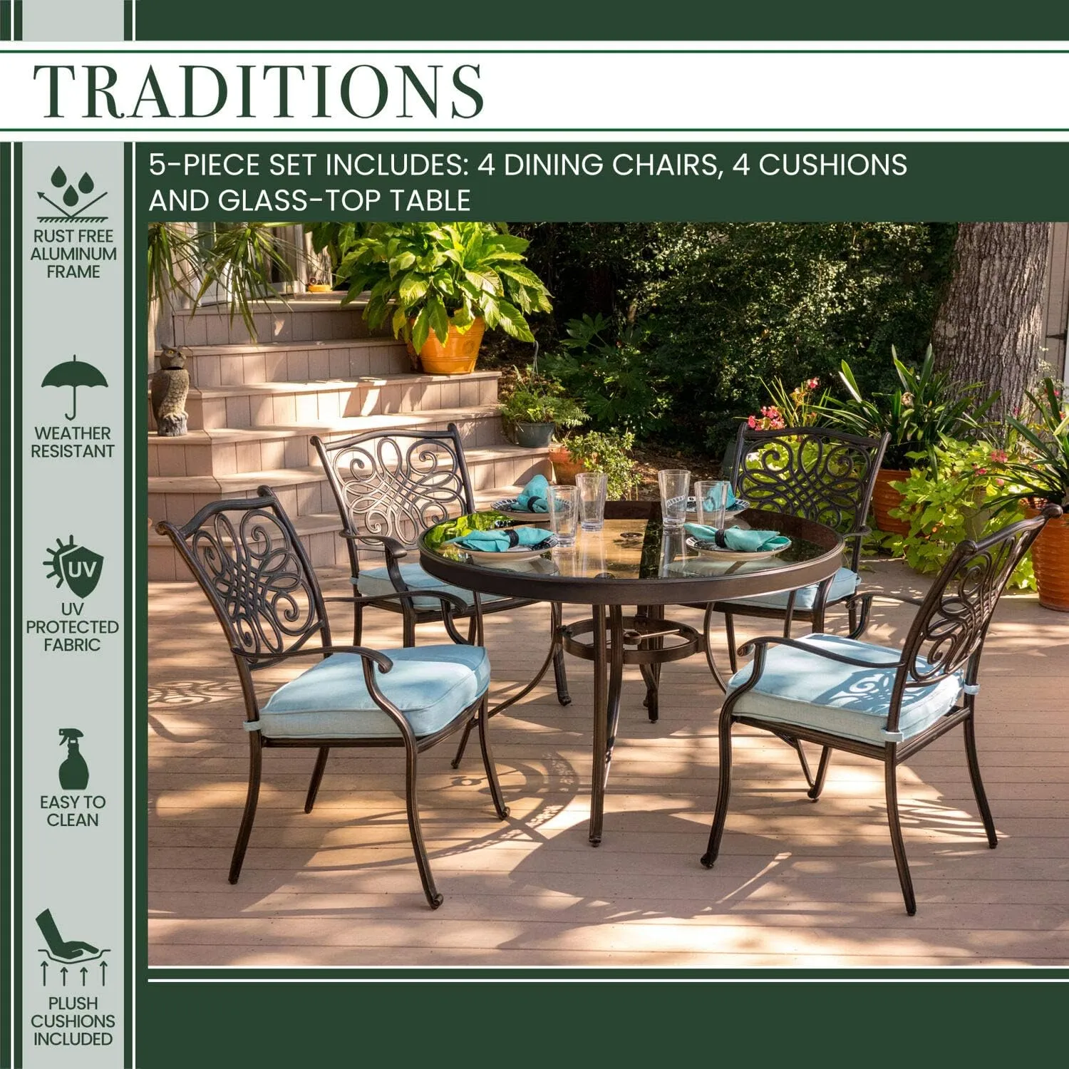 Hanover Traditions 5-Piece Outdoor Dining Set with Blue Cushions, 4 Dining Chairs and Tempered Glass Round Dining Table, Rust-Resistant Aluminum, All-Weather Patio Dining Set for 4